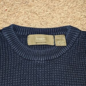 Vintage Haggar Generations Navy Blue With Tan Stripe Knit Sweater Men's Large